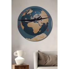 Teona Ahşap Retro Uçaklı Dünya Tablosu Ahşap Dekoratif Tablo Yuvarlak Duvar Tablosu