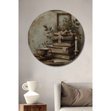 Teona Ahşap Nostaljik Kitap Kahve Şamdan Yağlı Boya Görünümlü Dekoratif Ahşap Tablo Yuvarlak Duvar Tablosu