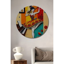 Teona Ahşap Balerin Piyanist Eşliğinde Sulu Boya Görünümlü Ahşap Dekoratif Tablo Yuvarlak Duvar Tablosu
