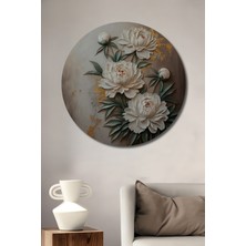 Teona Ahşap Beyaz Şakayık Çiçekleri Yağlı Boya Görünümlü Dekoratif Ahşap Tablo Yuvarlak Duvar Tablosu