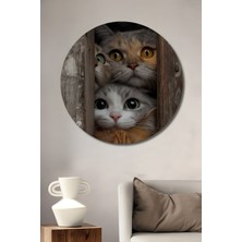Teona Ahşap Kedi Ailesi Yağlı Boya Görünümlü Ahşap Dekoratif Tablo Yuvarlak Duvar Tablosu