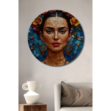 Teona Ahşap Frida Kahlo Mozaik Görünümlü Yağlı Boya Sanat Tablosu Yuvarlak Duvar Tablosu