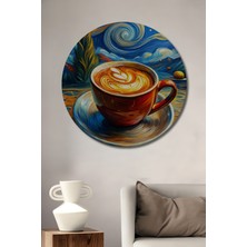 Teona Ahşap Van Gogh Yıldızlı Geceler Temalı Kahve Fincanı Yağlı Boya Görünümlü Ahşap Dekoratif Tablo Yuvarlak Duvar Tablosu