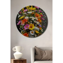 Teona Ahşap Canlı Renk Cümbüşü Doğal Çiçek Buketi Yağlı Boya Görünümlü Ahşap Dekoratif Tablo Yuvarlak Duvar Tablosu