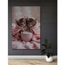 Teona Ahşap Sıcak Kahve Keyfi Yapan Iki Sevimli Kedi Yağlı Boya Görünümlü Ahşap Dekoratif Ev,antre,salon Tablo