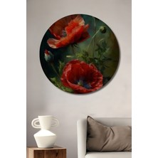 Teona Ahşap Kırmızı Gelinciklerin Büyülü Dünyası Yağlı Boya Görünümlü Ahşap Dekoratif Tablo Yuvarlak Duvar Tablosu