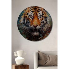 Teona Ahşap Kaplan Yağlı Boya Görünümlü Soyut Sanat Ahşap Dekoratif Tablo Yuvarlak Duvar Tablosu