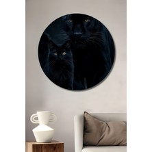 Teona Ahşap Kara Kedi ve Panter Siyahın Büyüsü Yağlı Boya Görünümlü Dekoratif Ahşap Tablo Yuvarlak Duvar Tablosu
