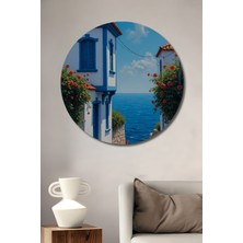Teona Ahşap Mavi Denizin Kıyısında Nar Çiçekli Ege Evleri Yağlı Boya Görünümlü Ahşap Dekoratif Tablo Yuvarlak Duvar Tablosu