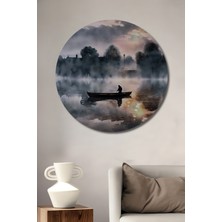 Teona Ahşap Sisli Göl Kenarı Silüeti Sulu Boya Görünümlü Ahşap Dekoratif Tablo Yuvarlak Duvar Tablosu