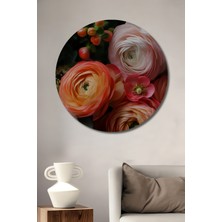 Teona Ahşap Muhteşem Ranunculus Çiçek Buketi Yağlı Boya Görünümlü Ahşap Dekoratif Tablo Yuvarlak Duvar Tablosu