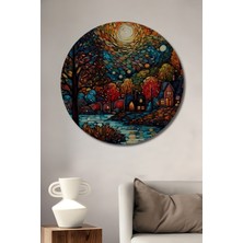 Teona Ahşap Ağaçlar Içinde Yıldızlı Gece Manzarası Yağlı Boya Görünümlü Ahşap Dekoratif Tablo Yuvarlak Duvar Tablosu