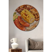 Teona Ahşap Lezzetli Mangal Keyfi Sulu Boya Görünümlü Ahşap Tablo Yuvarlak Duvar Tablosu