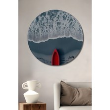 Teona Ahşap Kızıl Tekne Sahil Manzarası Yağlı Boya Görünümlü Dekoratif Ahşap Tablo Yuvarlak Duvar Tablosu