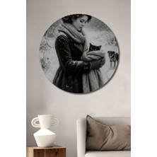 Teona Ahşap Kış Masalı Kedi Köpek Aşkı Yağlı Boya Görünümlü Dekoratif Ahşap Tablo Yuvarlak Duvar Tablosu