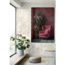 Teona Ahşap Kaktüs Çiçekleri ve Pembe Koltuk Yağlı Boya Görünümlü Ahşap Dekoratif Ev,antre,salon,ofis Tablo