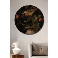 Teona Ahşap Kuşlu Vazo Yağlı Boya Görünümlü Dekoratif Ahşap Tablo Yuvarlak Duvar Tablosu