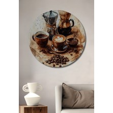 Teona Ahşap Sulu Boya Görünümlü Kahve Keyfi Ahşap Dekoratif Tablo Yuvarlak Duvar Tablosu