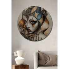Teona Ahşap Gızemlı Kadın Satranç Desenli Yağlı Boya Görünümlü Ahşap Dekoratif Tablo Yuvarlak Duvar Tablosu