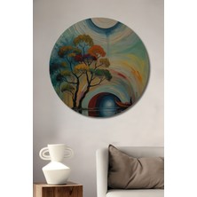 Teona Ahşap Renkli Ağaç ve Tekne Yolculuğu Yağlı Boya Görünümlü Dekoratif Ahşap Tablo Yuvarlak Duvar Tablosu