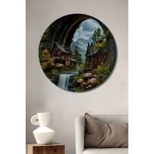 Teona Ahşap Gızemlı Orman Köyü Yağlı Boya Görünümlü Dekoratif Ahşap Tablo Yuvarlak Duvar Tablosu