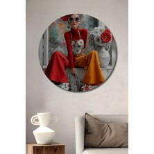 Teona Ahşap Bohem Tarz Çiçek Desenli Kadın Yağlı Boya Görünümlü Ahşap Dekoratif Tablo Yuvarlak Duvar Tablosu