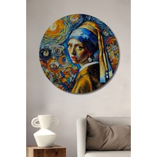Teona Ahşap Van Gogh Tarzı Incili Küpeli Kız Yağlı Boya Görünümlü Ahşap Dekoratif Tablo Yuvarlak Duvar Tablosu