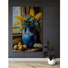 Teona Ahşap Mavi Vazo Çiçekleri ve Meyveler Yağlı Boya Görünümlü Ahşap Dekoratif Ev,antre,salon,ofis Tablo