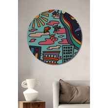 Teona Ahşap Renkli Kedi Evreni Ahşap Dekoratif Tablo Yuvarlak Duvar Tablosu