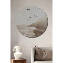 Teona Ahşap Uçan Martılar Eşliğinde Sahil Manzarası Yağlı Boya Görünümlü Ahşap Dekoratif Tablo Yuvarlak Duvar Tablosu