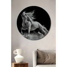 Teona Ahşap Beyaz Atın Gücü Siyah Beyaz Görünümlü Dekoratif Ahşap Tablo Yuvarlak Duvar Tablosu