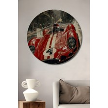Teona Ahşap Efsanevi Kırmızı Yarış Arabası Yağlı Boya Görünümlü Ahşap Dekoratif Tablo Yuvarlak Duvar Tablosu