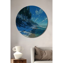 Teona Ahşap Kış Sahili Orman Manzarası Sulu Boya Görünümlü Ahşap Dekoratif Tablo Yuvarlak Duvar Tablosu