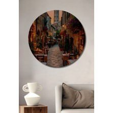 Teona Ahşap Italyan Sokak Sahnesi Yağlı Boya Görünümlü Ahşap Dekoratif Tablo Yuvarlak Duvar Tablosu