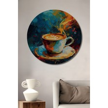 Teona Ahşap Alevli Kahve Buharı Sulu Boya Görünümlü Ahşap Dekoratif Tablo Yuvarlak Duvar Tablosu