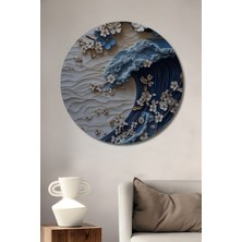 Teona Ahşap Büyük Dalga ve Kiraz Çiçekleri Yağlı Boya Görünümlü Ahşap Dekoratif Tablo Yuvarlak Duvar Tablosu