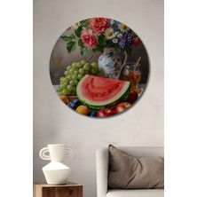 Teona Ahşap Canlı Meyve Buketi Yağlı Boya Görünümlü Ahşap Dekoratif Tablo Yuvarlak Duvar Tablosu