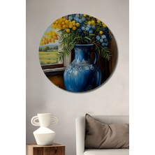 Teona Ahşap Mavi Vazo Çiçekleri ve Meyveler Yağlı Boya Görünümlü Ahşap Dekoratif Tablo Yuvarlak Duvar Tablosu