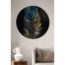 Teona Ahşap Görkemli Altın ve Mavi Tüy Sanat Tablosu Yuvarlak Duvar Tablosu