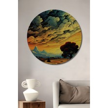 Teona Ahşap Görkemli Bulutlar Manzarası Yağlı Boya Görünümlü Sanat Tablosu Yuvarlak Duvar Tablosu