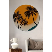 Teona Ahşap Palmiye Ağaçları ve Kuş Sürüsü Silüeti Ahşap Dekoratif Tablo Yuvarlak Duvar Tablosu