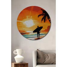 Teona Ahşap Sörfçü Gün Batımı Manzarası Yağlı Boya Görünümlü Ahşap Dekoratif Tablo Yuvarlak Duvar Tablosu