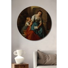 Teona Ahşap Anne ve Çocuk Mektup Okuma Yağlı Boya Görünümlü Ahşap Dekoratif Tablo Yuvarlak Duvar Tablosu