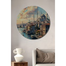 Teona Ahşap Istanbul Manzarası Yağlı Boya Görünümlü Dekoratif Ahşap Tablo Yuvarlak Duvar Tablosu