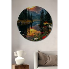 Teona Ahşap Muhteşem Gün Batımı Manzaralı Orman Gölü ve Çiçekler Yağlı Boya Görünümlü Dekoratif Ahşap Tablo Yuvarlak Duvar Tablosu