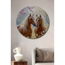 Teona Ahşap Sevimli Atlar ve Kiraz Çiçekleri Yağlı Boya Görünümlü Ahşap Dekoratif Tablo Yuvarlak Duvar Tablosu