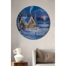 Teona Ahşap Kış Masalı Ev ve Kayak Yapanlar Yağlı Boya Görünümlü Ahşap Tablo Yuvarlak Duvar Tablosu