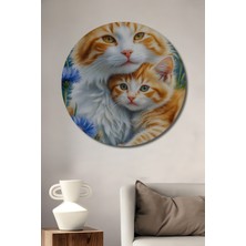 Teona Ahşap Anne Yavru Kedi Yağlı Boya Görünümlü Ahşap Tablo Yuvarlak Duvar Tablosu