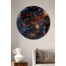 Teona Ahşap Kış Masalı Kar Taneleri Yağlı Boya Görünümlü Ahşap Dekoratif Tablo Yuvarlak Duvar Tablosu