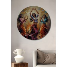 Teona Ahşap Ateş Dansı Yapan Kadınlar Yağlı Boya Görünümlü Dekoratif Ahşap Tablo Yuvarlak Duvar Tablosu